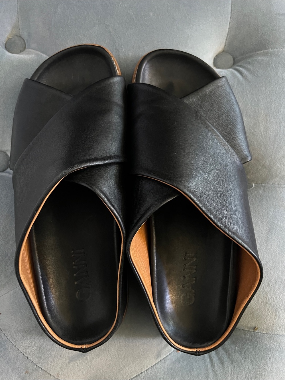 Ganni Black Leather Cross-Over Slide Mules with Tan Trim